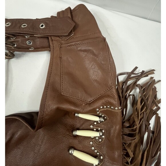 Vintage Sunrider Brown Fringe Beaded Chaps Size XXL Motorcycle Western Leather - Picture 6 of 14
